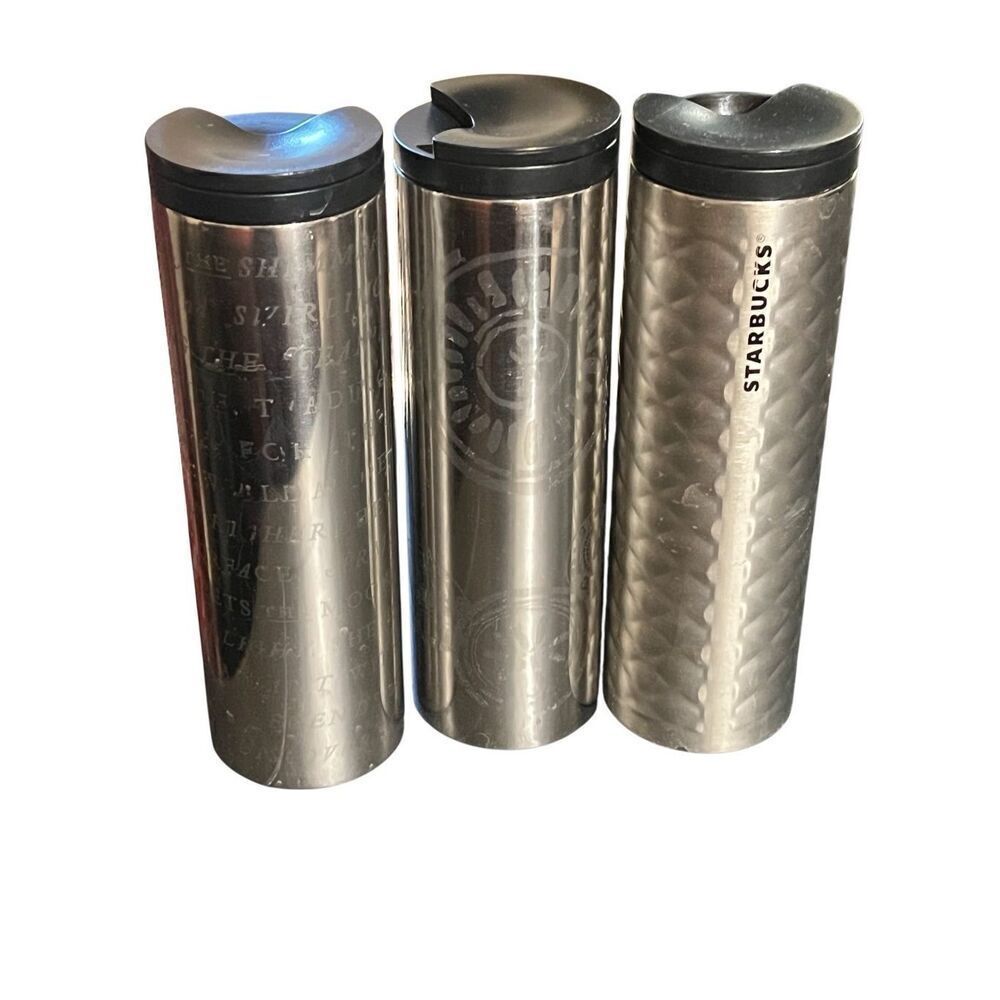 Starbucks Set of 3 Stainless Steel 16oz Slim Mirrored Chrome Travel Tumblers